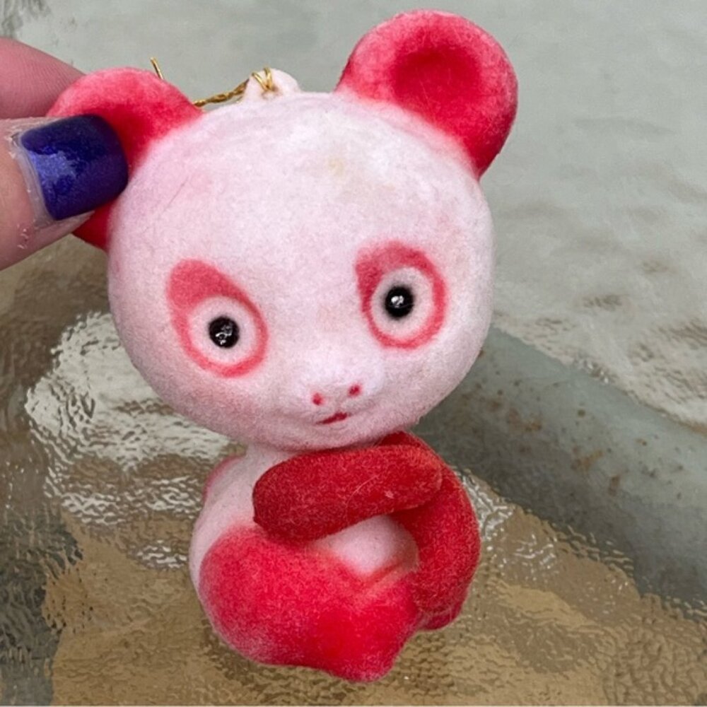 Vintage Blow Mold Flocked Red & White Panda Bear Ornaments Set of 2 - Picture 9 of 15